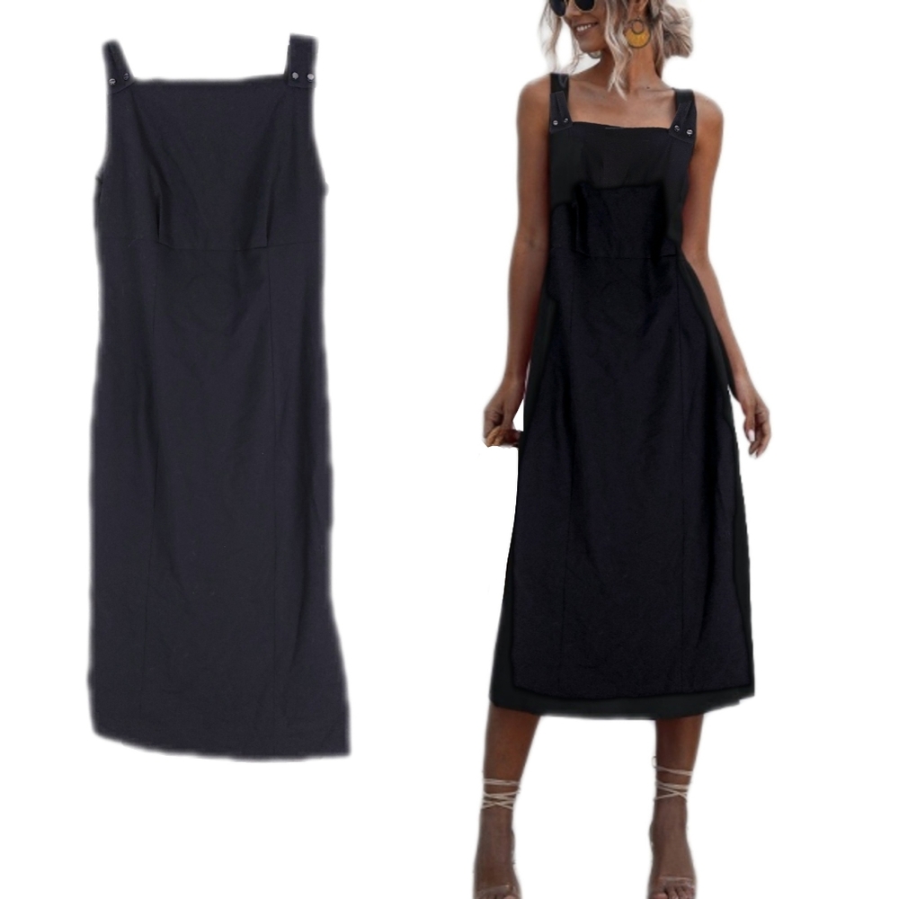 Isaac Mizrahi Women's 6 Black Square 2 Snap Strap Sleeveless Midi Dress - Picture 1 of 9